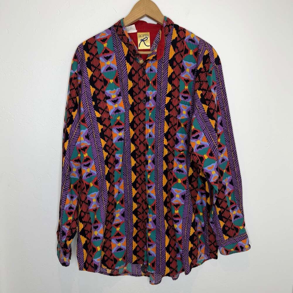 Vintage Roper Aztec Geometric Button Up Shirt Men’s XL USA Collarless Retro